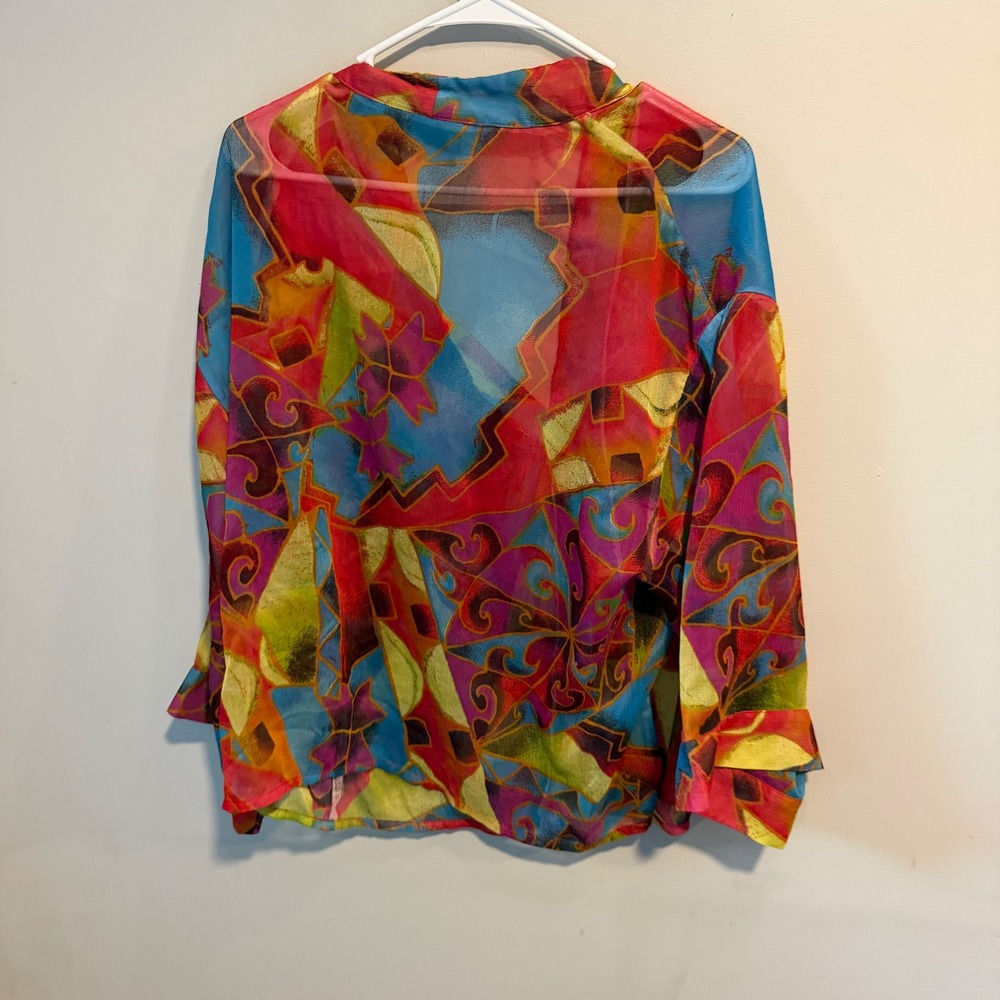 Additions by Chicos Womens Abstract Geometric Sheer Button Down Blouse Size 2 - Picture 5 of 6